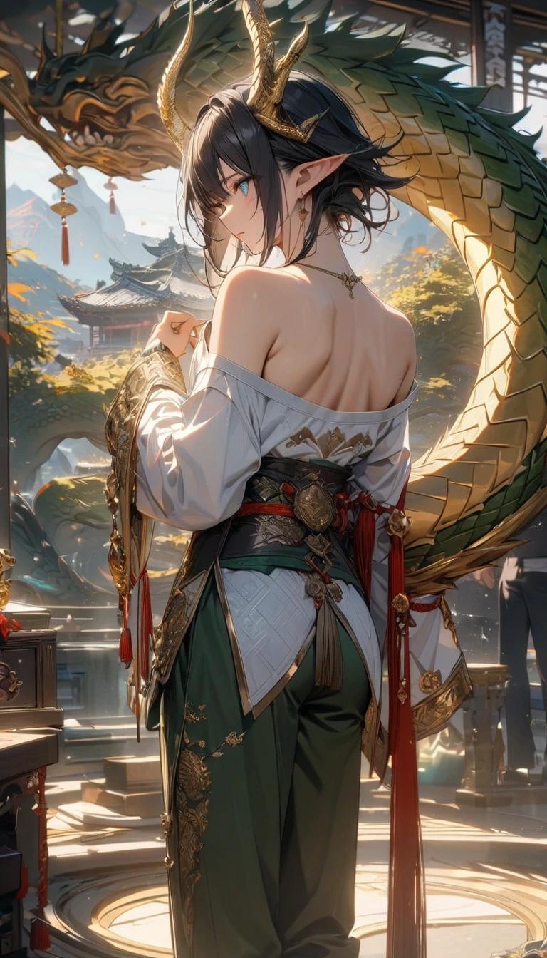 adult man, male, long black hair, elf ears, turquoise eyes, asian dragon horns, asian dragon tail, white Chinese shirt, open shoulders, long sleeves, green trousers, golden elements, Masterpiece, best quality, Full HD, 8k, ultra details, great graphic