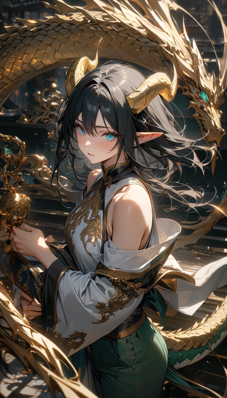 adult man, male, long black hair, elf ears, turquoise eyes, asian dragon horns, asian dragon tail, white Chinese shirt, open shoulders, long sleeves, green trousers, golden elements, Masterpiece, best quality, Full HD, 8k, ultra details, great graphic