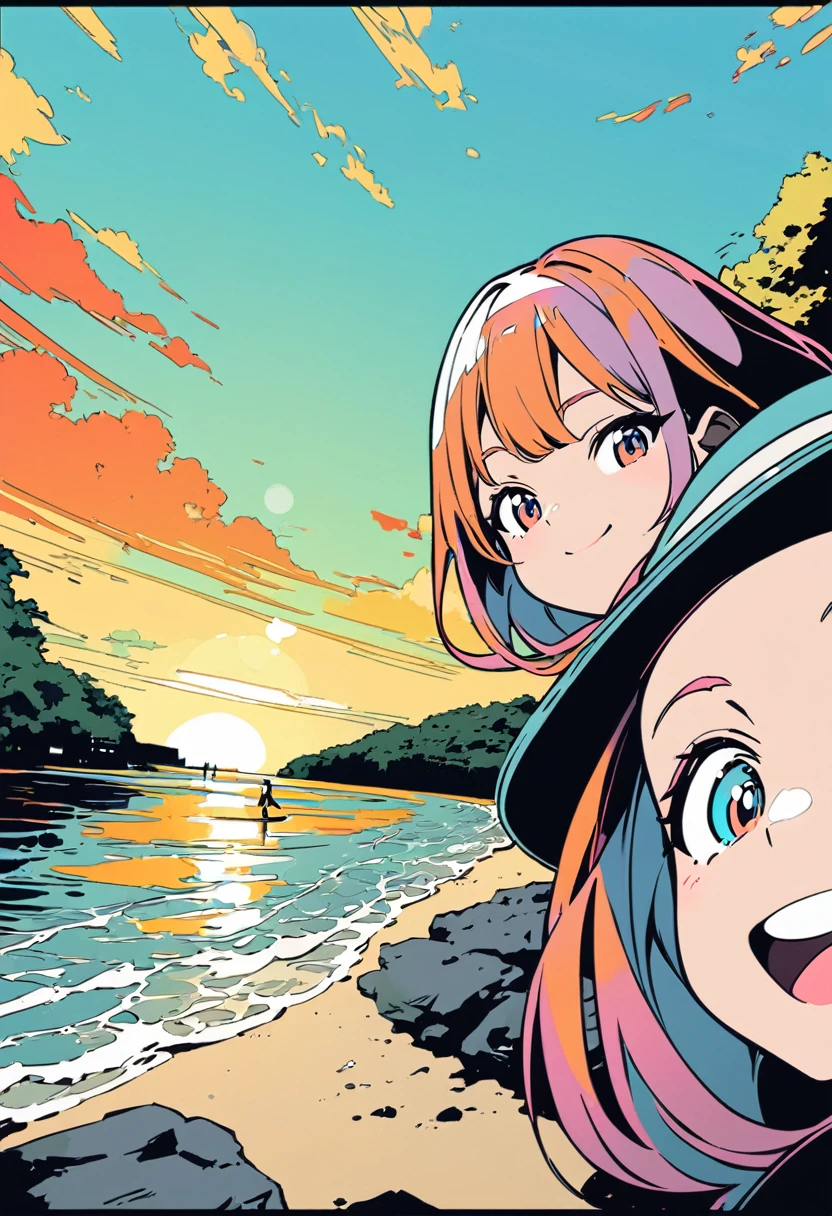 (masterpiece, best quality:1.1),
popart style,flat color,(two girls),cute face,tween,(enjoy trip),(beach,okinawa),Japan, beautiful detailed scenery, friendly,very happy,beautiful lighting,dynamic angle,depth of field,photographic portrait, sharp,