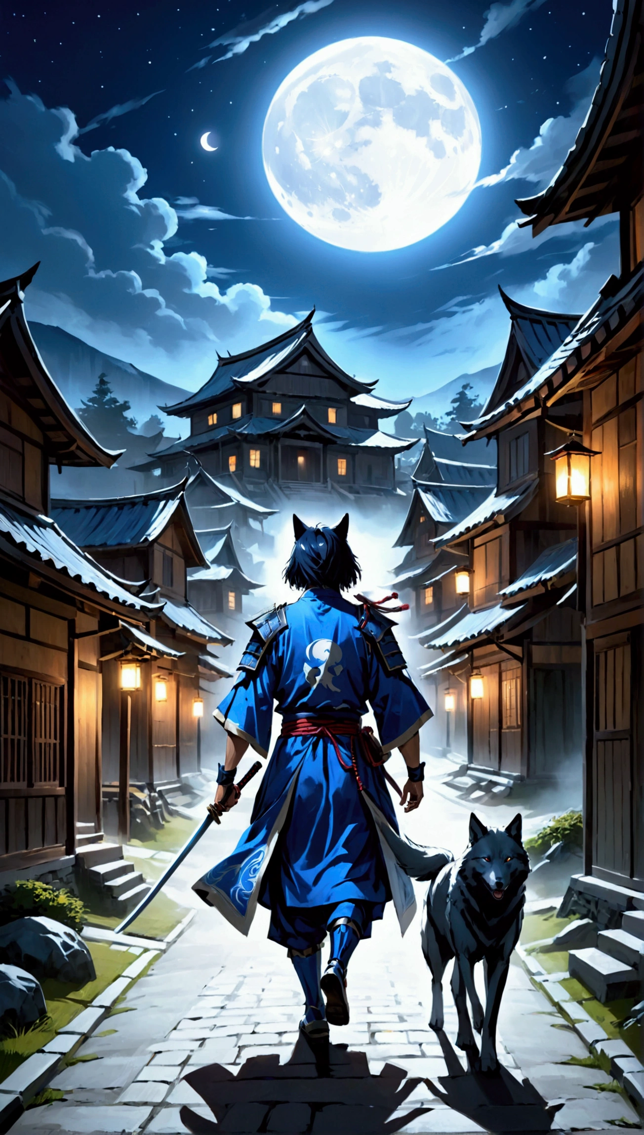 blue samurai, phantom, walking with a wolf in a haunted village, night sky, fullmoon, realisitic, Full HD, best qualityer