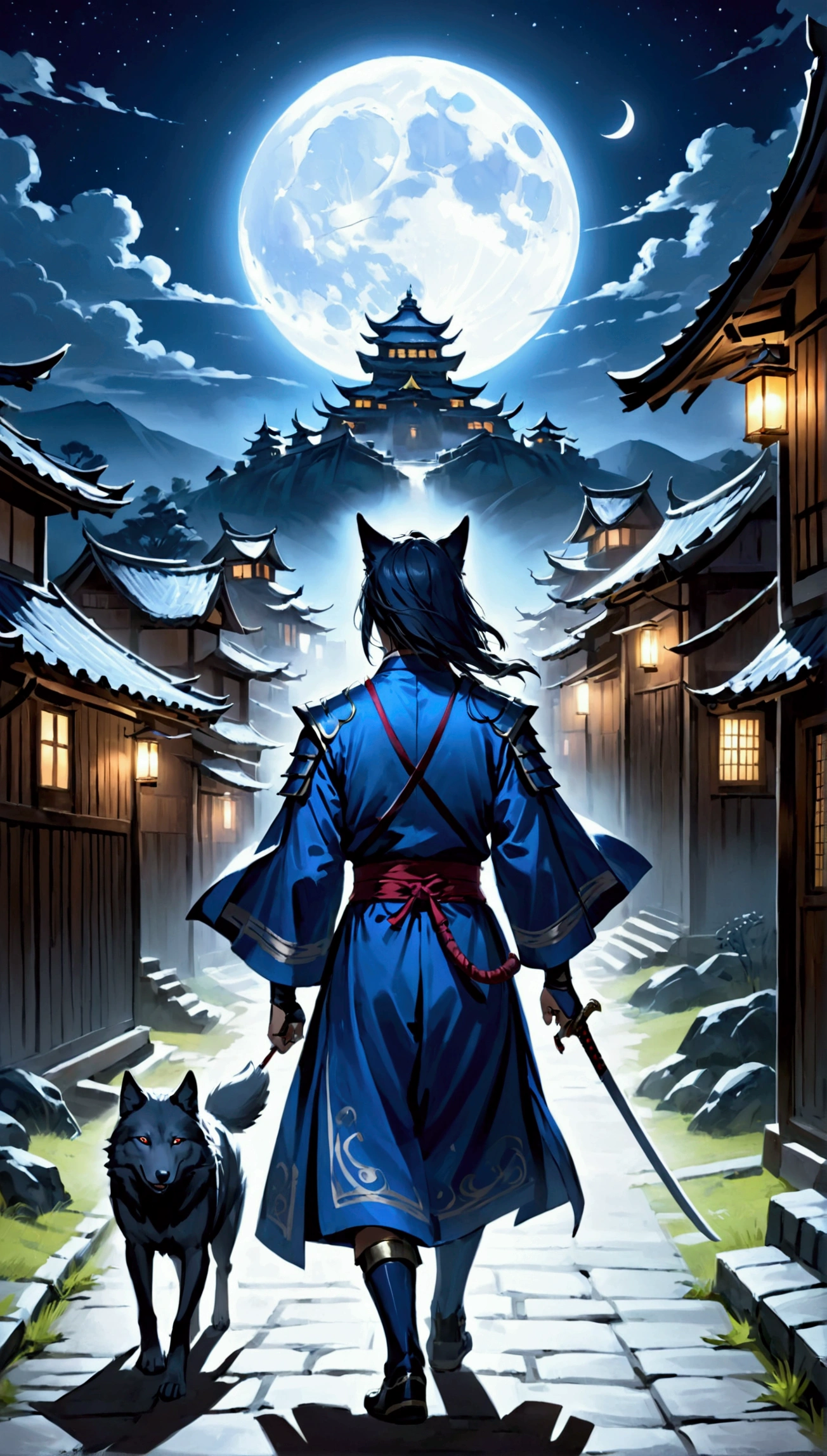 blue samurai, phantom, walking with a wolf in a haunted village, night sky, fullmoon, realisitic, Full HD, best qualityer