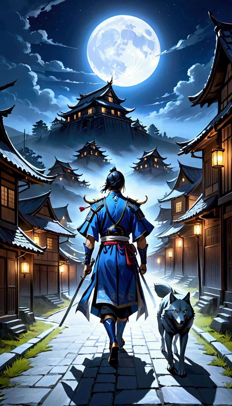 blue samurai, phantom, walking with a wolf in a haunted village, night sky, fullmoon, realisitic, Full HD, best qualityer