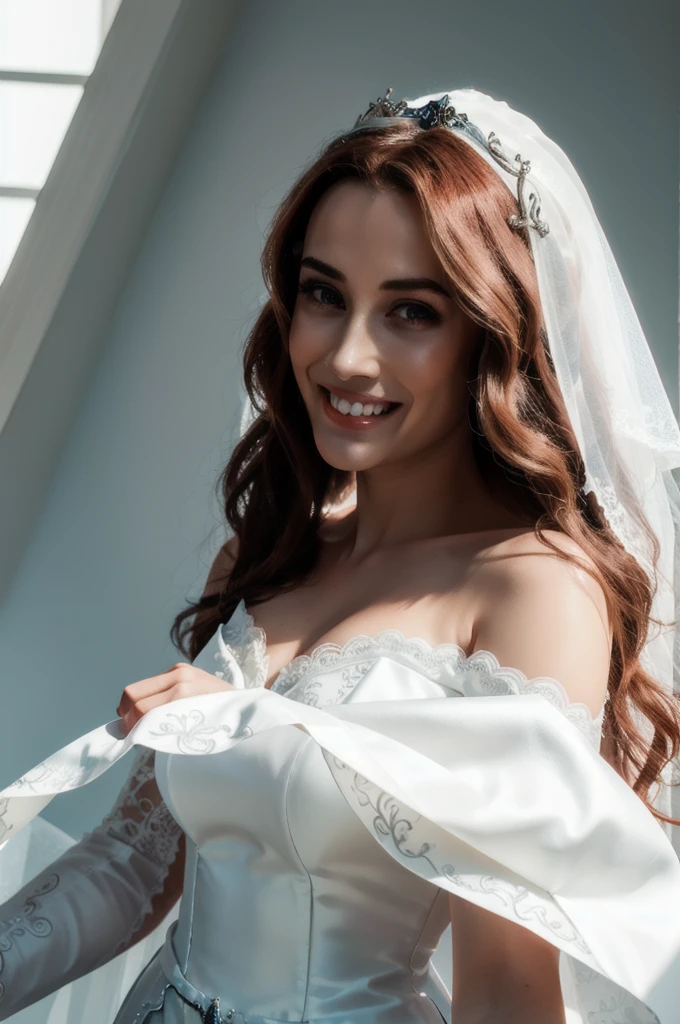 mndngwmn, long hair, 1girl, realistic, solo, wedding dress, white dress, satin, lace, ballgown style, smiling, professional photograph, vibrant colors, balanced lighting, holding bouquet, cute, beautiful, perfect face, perfect hands , detailed, veil, tiara, hd, 8k, (masterpiece), best quality, expressive eyes, perfect face
, (ultra realistic, 8k,high quality)