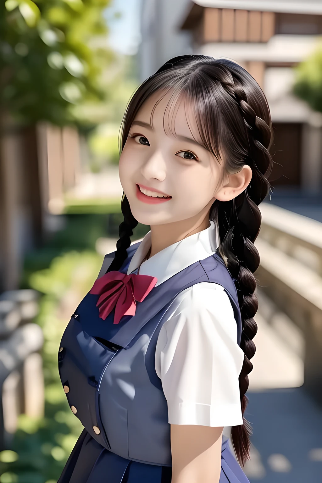 (highest quality, masterpiece, high resolution:1.2), 4K, (Photo quality detailed face: 1.2), (Giorgione painting style: 0.8), geometry, (16 yo cute girly Japanese girl: 1.0), Laughing cutely, (neat girly white short-sleeves school blouse: 1.0), (puffed short sleeves: 1.0), (Dark red glossy school ribbon on the breast: 1.0), (Gray Japanese school girly vest Uniform: 1.2), (Extremely laughing cheeks: 1.0), (Beautiful light-amber cute-dolly large clear eyes with detailed cutely: 1.4), (Long bottom eyelashes: 1.2), (Expressing the greatest joy with her whole body: 1.2), (Glossy lips: 1.0), (braids under her ears: 1.3), (cute earrings), (kidnapping me into the heaven as a goddess: 1.6), (white and clear skin: 1.0), (Laughing 14yo cute princess's eyes: 0.6), (Placing her beautiful white hands together like praying: 0.9), (Full-body shot in heaven: 1.2)