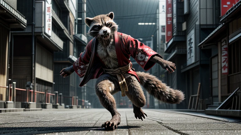 mcu, rocket raccoon, raccoon, male, skinny, buldge, detailed fur, red kimono, japan, prop poses exquisite katana long, gloomy light, Confident expression, action movie running pose, full body, film photography, realistic, masterpiece, best quality, ultra realistic, 8k