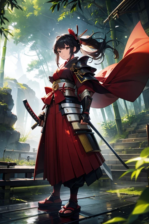 Highest quality, Ultra-high resolution, RAW Photos, Japanese style, kimono, Rin々Shii, Samurai, bamboo forest, Feel the wind, front, Standing posture, Samurai Armor, Hold the sword