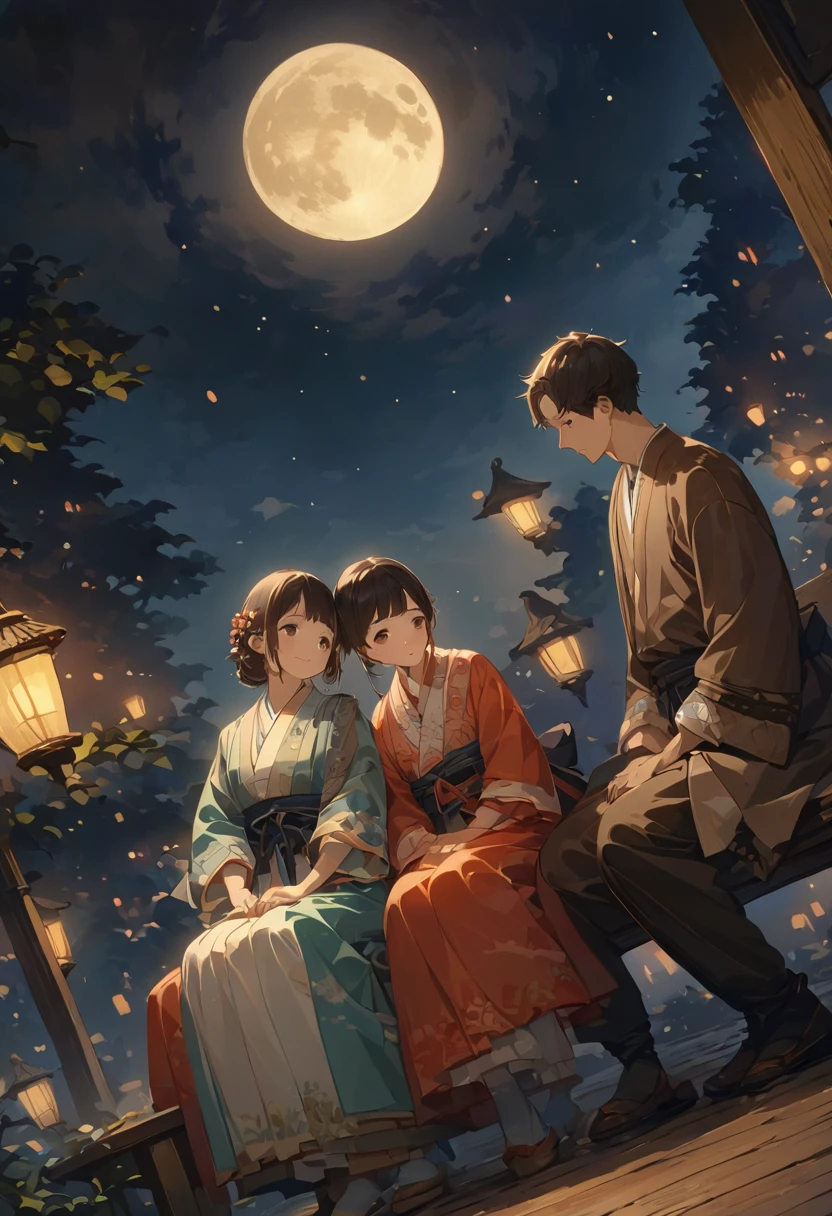 Highest quality、masterpiece、Beautiful landscape painting、night、Night Time、nightの公園のTwo people sitting on a benchの男女、Two people sitting on a bench、Men and women in the back、Two people standing close together、full moonのnight、full moon、nightのベンチ、Meiji era costumes、Two people from behind、Long Shot、Full body angle、Dim lighting、moonlight、
