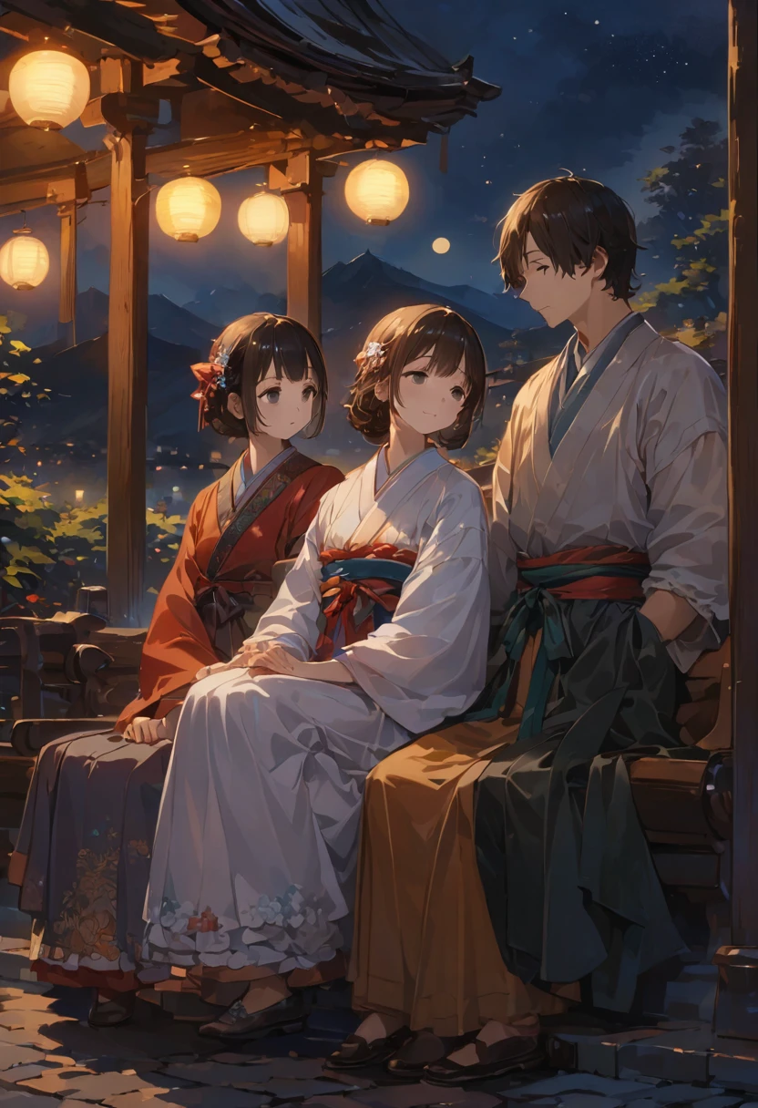 Highest quality、masterpiece、Beautiful landscape painting、night、Night Time、nightの公園のTwo people sitting on a benchの男女、Two people sitting on a bench、Men and women in the back、Two people standing close together、full moonのnight、full moon、nightのベンチ、Meiji era costumes、Two people from behind、Long Shot、Full body angle、Dim lighting、moonlight、