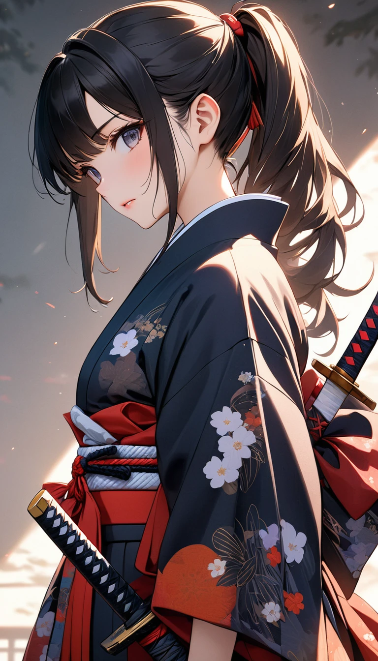 (((Best quality, 8k, Masterpiece: 1.3)), (detailed), perfect face, high resolution, Textured skin, anime style, Girl Samurai,  girl, black hair, side ponytail, A Japanese sword in its sheath, Kimono, Japanese clothing, from side