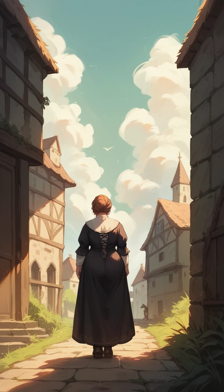 Mature female, plump, black dress, medieval fantasy, standing, looking straight ahead
