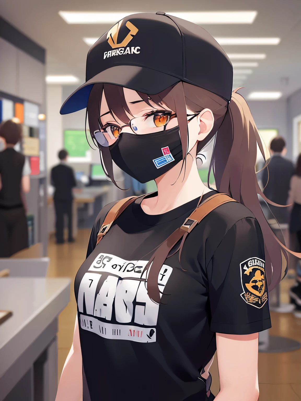 plastic frame eyewear、black cap, mouth mask, masterpiece、Highest quality、 ,BREAK (25-year-old woman) and (brown hair) and (low ponytail) and (orange eyes) BREAK、Wearing a black T-shirt、Are standing、The background is the office、Bold composition、The upper body is shown、Alone、