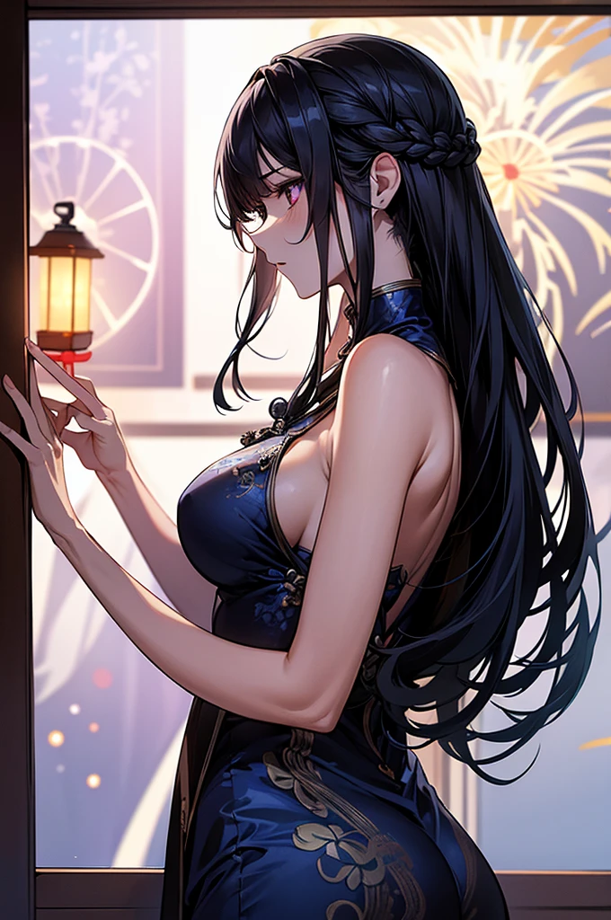Mature woman standing with her back to the camera:1 girl wearing an Deluxe Chinese dress,
Smooth, Moisturized and firm skin, tight and sexy costumes,
A corner of the entertainment district, A dark background to make your subject stand out, Large windows, soft light from a lantern,
break (detailed silk texture:Deluxe:Gloss:Smoothness:Sappiness),
Highest quality, Highest Resolution, Detailed and crisp image quality, 16K, Super Retina,
A beautiful Chinese dress with a delicate pattern, Adult sex appeal, melancholy, Feeling Weak, Long hair tied back, colorful fireworks seen from the window,
Detailed and complex, colorful, Transparent full color coating, Light and Darkness, High Contrast,
Break Spectacular fireworks seen from the window, beautiful,
Upper Body Shot, Long Black Hair, Hairstyle(Braiding), Hairstyle(((black navy blue, Dark Navy))), pupil(purple)