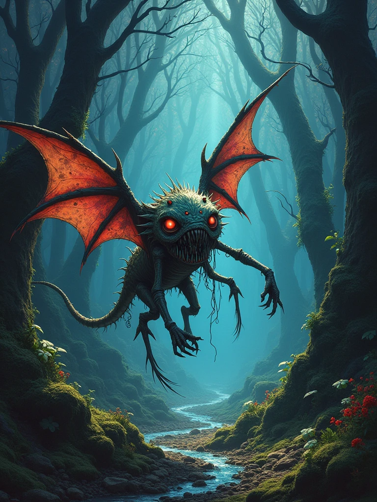 famous work of art(Ruan Jia:1.4),(Fractal Art:1.6),Fantasy style,Dynamic Angle,This is worrying(beauty:1.8)The Dizzy Undead Monster is a small, highly venomous creature.,have(Colorful and intricate wings:1.2),They inhabit the enchanting Shivering Woodlands in the dense forests of the dark planet Gnomtef VII.,Hunting the soft air(glowing spores:1.2),These spores come from the flourishing Gookoo Tree,The harsh dark environment of alien planets,Night,rays of black light