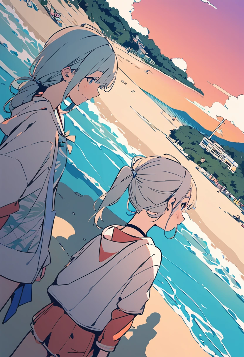 (masterpiece, best quality:1.1),
popart style,flat color,(two girls),cute face,tween,(enjoy trip),(beach,okinawa),Japan, beautiful detailed scenery, friendly,very happy,beautiful lighting,dynamic angle,depth of field,photographic portrait, sharp,