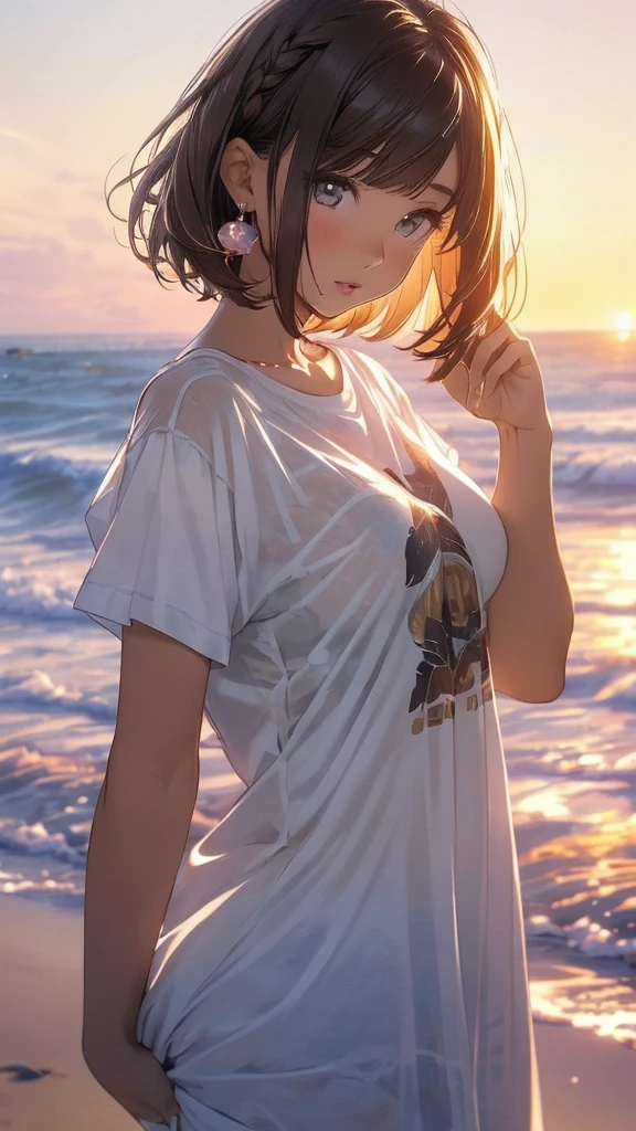 ((1girl)), solo, ((ultra-detailed)), ((extremely detailed)), ((perfect composition)), ((an extremely delicate and beautiful)), ((sharp focus)), ((super detailed skin)), ((perfect anatomy)), highly detailed face, shiny detailed hair, shiny skin, shiny body, gleaming skin, (large breasts), ((parted lips)), 1_beautiful_girl, cute_face, beautiful, best_quality, good_anatomy, wind blow, brown hair, bob cut, braided bangs, one side up, earrings, Beautiful detailed gemological eyes, (slim body), ((petite)), (pretty), (chubby), (white:1.4), (pure), (T-shirt), (background: beach, sunset)