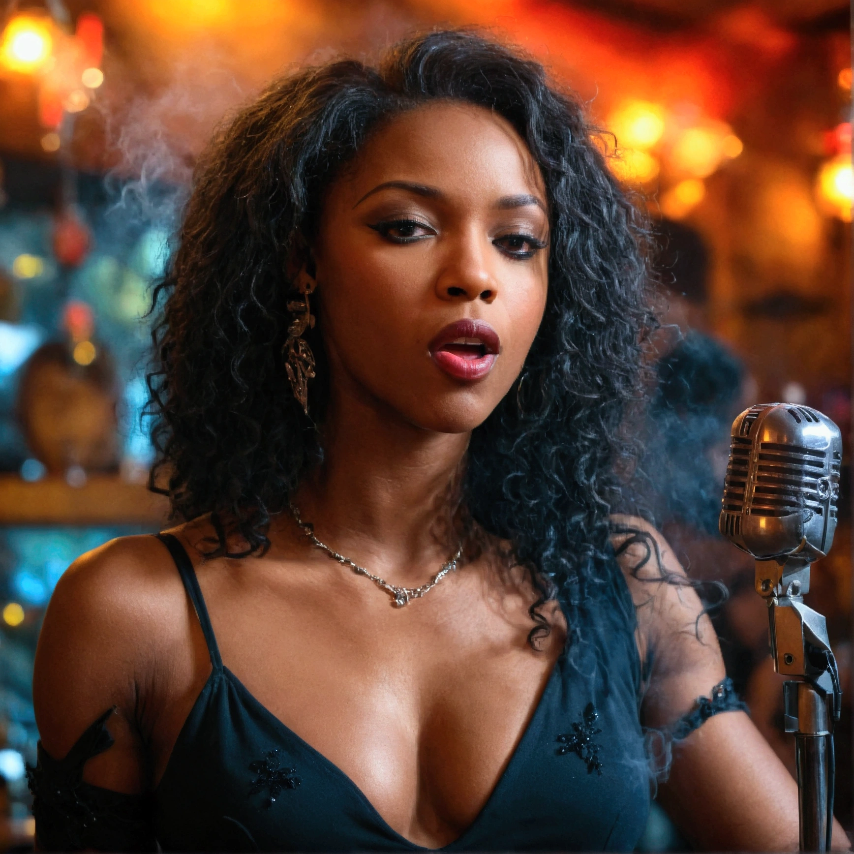 A very sexy black female bluessinger singing in a smokey bar, microphone, t shirt, band playing background 