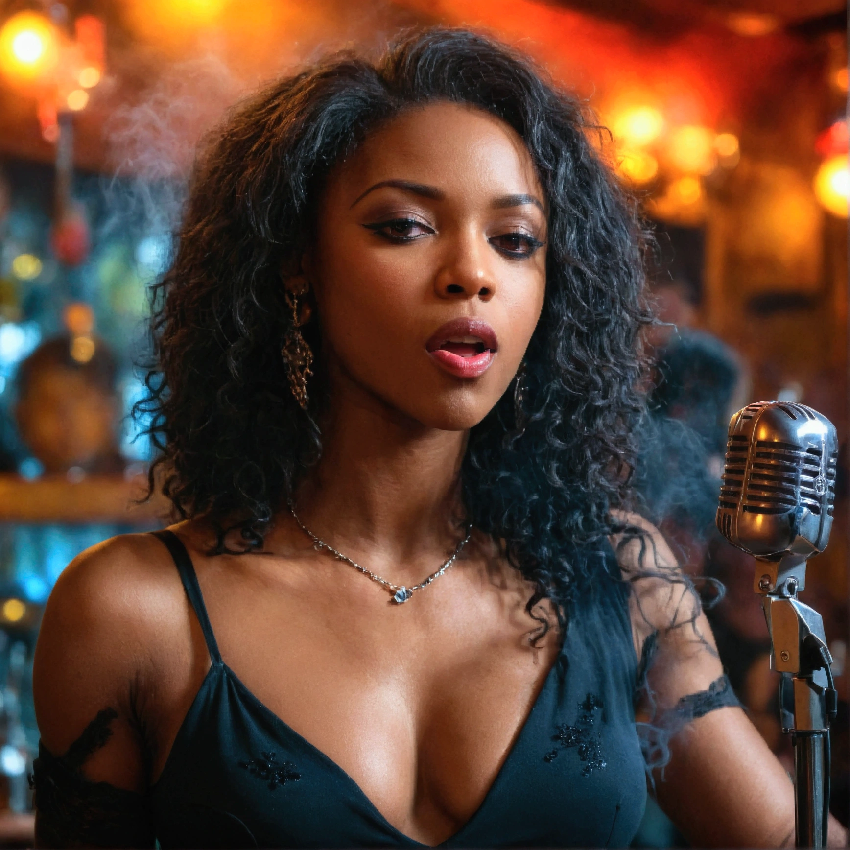 A very sexy black female bluessinger singing in a smokey bar, microphone, t shirt, band playing background