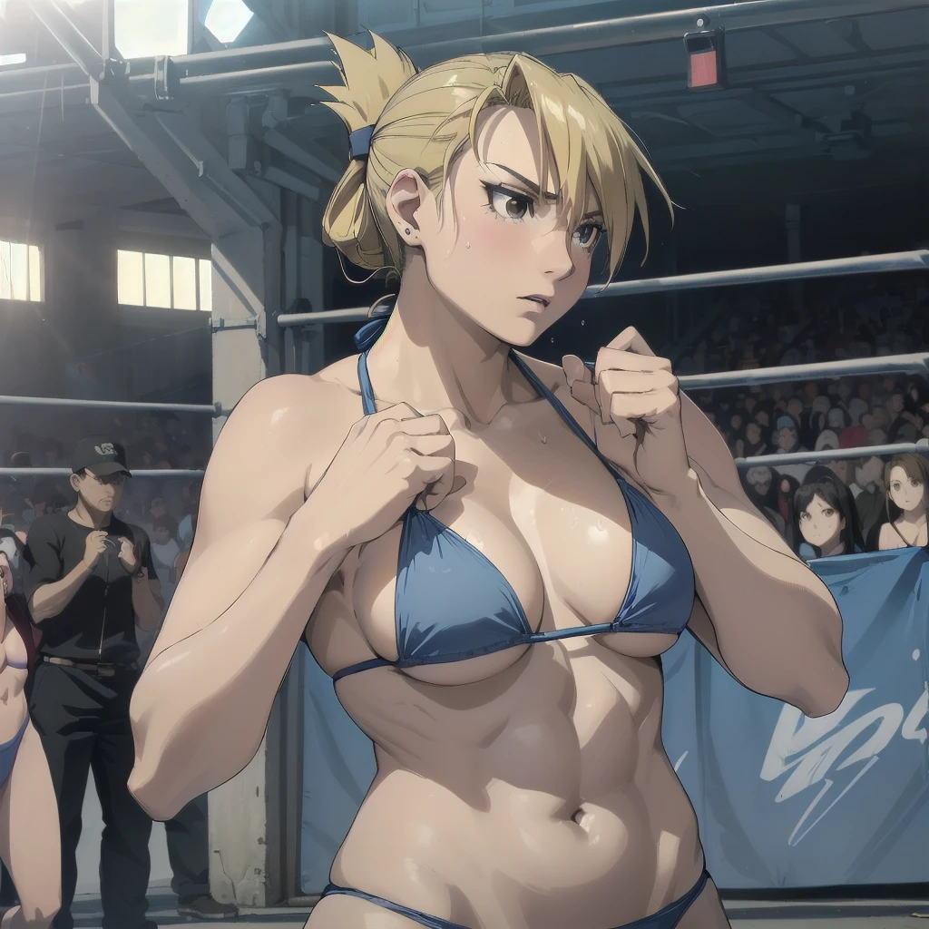 masterpiece, Highest quality, High resolution, One Girl, Hamriz, ponytail, Brown eyes,big , マイクロbikini、Cowboy Shot、Muscular body、blush、Sweat、Composition from the front、anime、(((Light blue bikini、Stand in front、audience、Shaking breasts、前かがみ、手は膝の上、 fully exposed、Facing forward)))、((Wrestling Arena)), (Female wrestler), (Slender body, 発Sweat, tired), Mature Woman, Mature Woman, (bikini, Very detailed wrestling equipment)