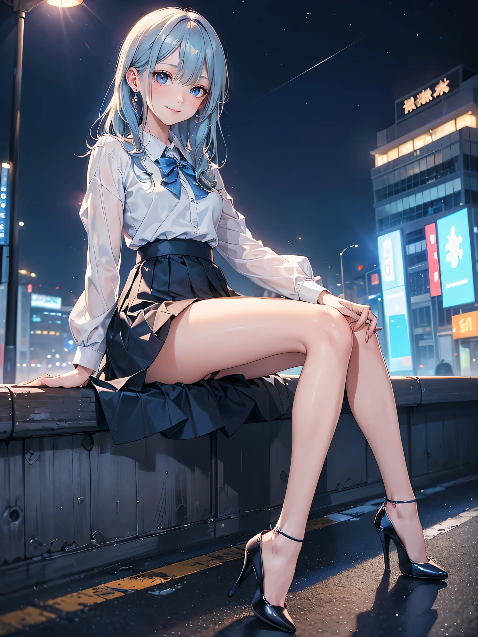 ((Biologically correct limb count)),(( From head to toe,Full-body photo including face)),4K,masterpiece,((Focus on the face)),((Symmetrical facial features)),Eyes with detailed description,Beautiful woman,Great style,Beautiful arms,Beautiful legs,Beautiful Hands,(Small Ass,Thin thighs),Detailed depiction of the face,Small earrings,necklace,(Will school uniform,dress((High heels))),((Random outdoor night scenes)),(((blue blonde))),Realistic photo,Looking up,Look up,smile,((Sitting upright on the road,Sitting at an angle,Panty shot))