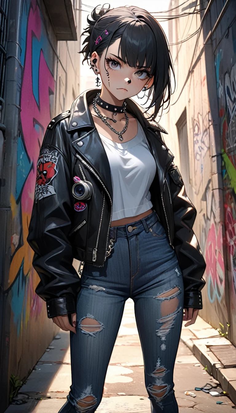 ((Best quality, 8K, masterpiece:1.3)), anime style, full body, a fierce young woman with short black hair, dressed in punk style, wearing a black leather jacket with metal studs, ripped jeans, and a metallic chain around her neck, several piercings in her ears and one on her nose, standing confidently in an urban alleyway, (camera angle: slightly low, looking up at her determined face), high-detail textures and shadows, capturing her rebellious and strong-willed personality, the background shows graffiti-covered walls and dim streetlights casting a moody glow.