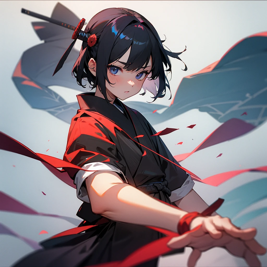 Center Parting、juvenile、Samurai's Son、High resolution, smile, Face up black hair, Purple Eyes、Round eyebrows
