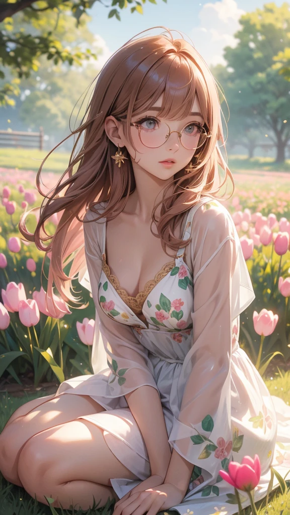sitting, wariza, from above, spring clothes, light green floral print dress, pumps, Lots of colorful tulips, flower fields, warm atmosphere, rays of light from trees, backlit, profile
upper body, twinkle smile, 1girl, solo, 16years old, detailed beautiful face and eyes, brown eyes, (flat breasts:1.3), (very short hair:1.2), (bangs:1.2), (brown pink hair:1.2), hair fluttering, (well-proportioned body:1.2), (dynamic angle:1.3)
(masterpiece:1.2) , (best quality:1.2) , (ultra-detailed:1.2), more prism, vibrant color, ,hair over eyes, hair over one eye,a close up of image of girl with glasses and gold hair and long neck, 1girl, solo, long hair, tinted eyewear, round eyewear, sunglasses, jewelry, hair, bangs,Niji XL