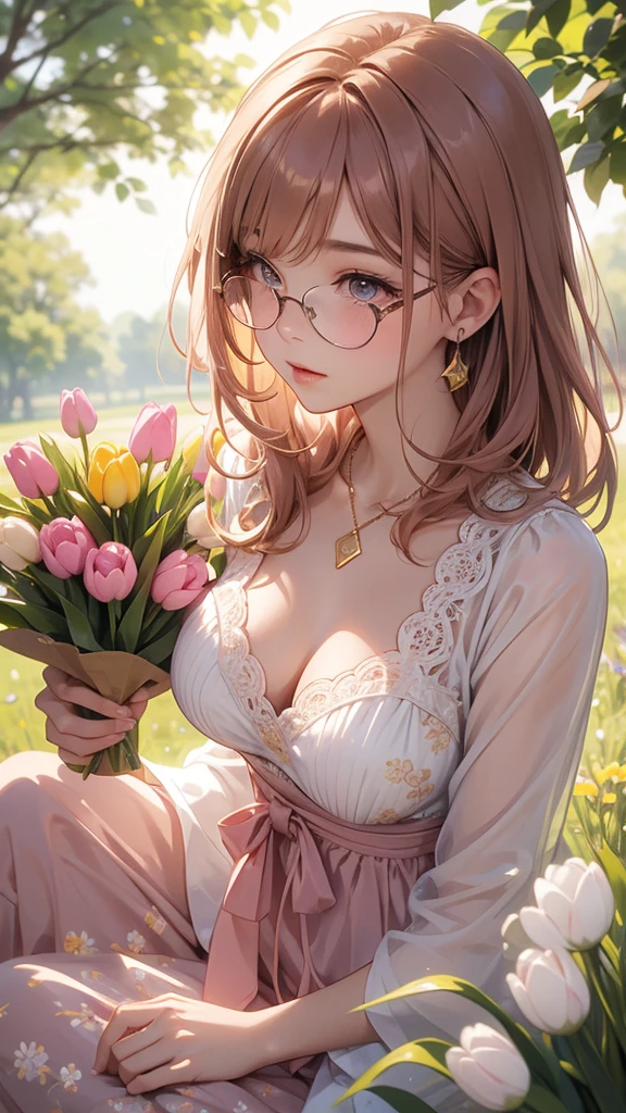 sitting, wariza, from above, spring clothes, light green floral print dress, pumps, Lots of colorful tulips, flower fields, warm atmosphere, rays of light from trees, backlit, profile
upper body, twinkle smile, 1girl, solo, ars old, detailed beautiful face and eyes, brown eyes, (flat breasts:1.3), (very short hair:1.2), (bangs:1.2), (brown pink hair:1.2), hair fluttering, (well-proportioned body:1.2), (dynamic angle:1.3)
(masterpiece:1.2) , (best quality:1.2) , (ultra-detailed:1.2), more prism, vibrant color, ,hair over eyes, hair over one eye,a close up of image of girl with glasses and gold hair and long neck, 1girl, solo, long hair, tinted eyewear, round eyewear, sunglasses, jewelry, hair, bangs,Niji XL