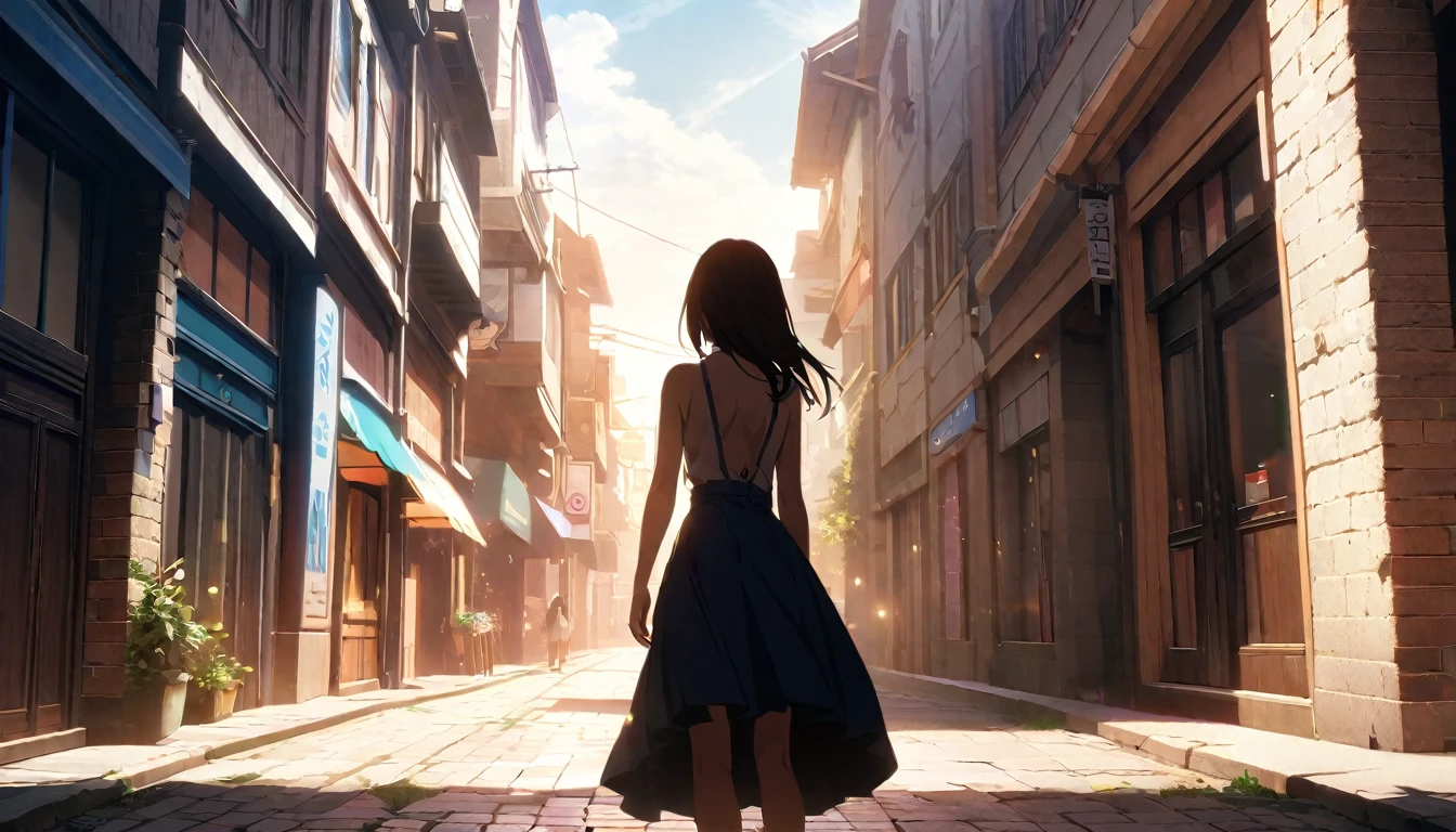 Highly detailed CG Unity 8k wallpaper), Streetscape,Beautiful young woman in sunny weather, Complete back view,shout、Confession、空に向かってshout、skirt, stand, full_body, dramatic, バックLight, Light, Volumetric Lighting, Simple Background