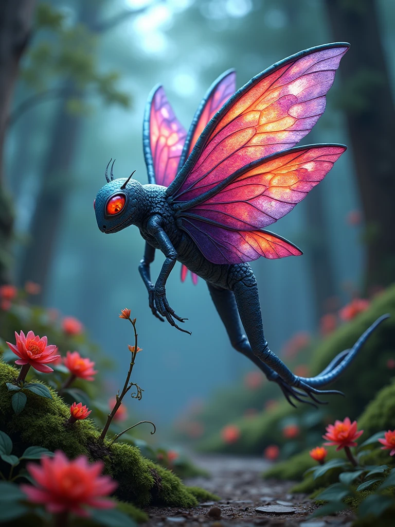 famous artwork by (ruan jia:1.4), (fractal art:1.6), fantasy style, dynamic angle, the worryingly (beautiful:1.8) dizzy necrobonker is a small highly poisonous life form with (brightly colored intricate wings:1.2), they inhabit the enchanted vabbling glades of the lush forests of planet nomturf vii hunting the air for the softly (glowing spores:1.2) of the vassled gobblefunktree