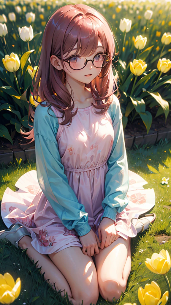 sitting, wariza, from above, spring clothes, light green floral print dress, pumps, Lots of colorful tulips, flower fields, warm atmosphere, rays of light from trees, backlit, profile
upper body, twinkle smile, 1girl, solo, 16years old, detailed beautiful face and eyes, brown eyes, (flat breasts:1.3), (very short hair:1.2), (bangs:1.2), (brown pink hair:1.2), hair fluttering, (well-proportioned body:1.2), (dynamic angle:1.3)
(masterpiece:1.2) , (best quality:1.2) , (ultra-detailed:1.2), more prism, vibrant color, ,hair over eyes, hair over one eye,a close up of image of girl with glasses and gold hair and long neck, 1girl, solo, long hair, tinted eyewear, round eyewear, sunglasses, jewelry, hair, bangs,Niji XL