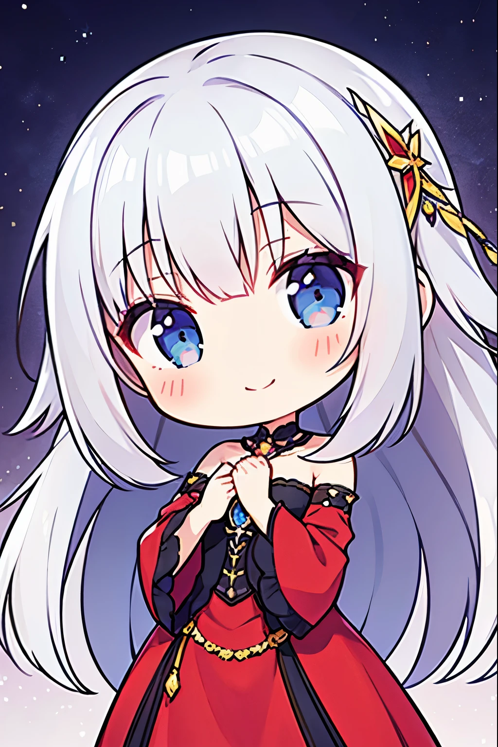 1 chibi girl, solo, medium hair, medium length hair, smile, Silver hair color, wearing a hairpin, Sapphire eye color, wearing a very fancy red long dress, scared expression, hands on face
