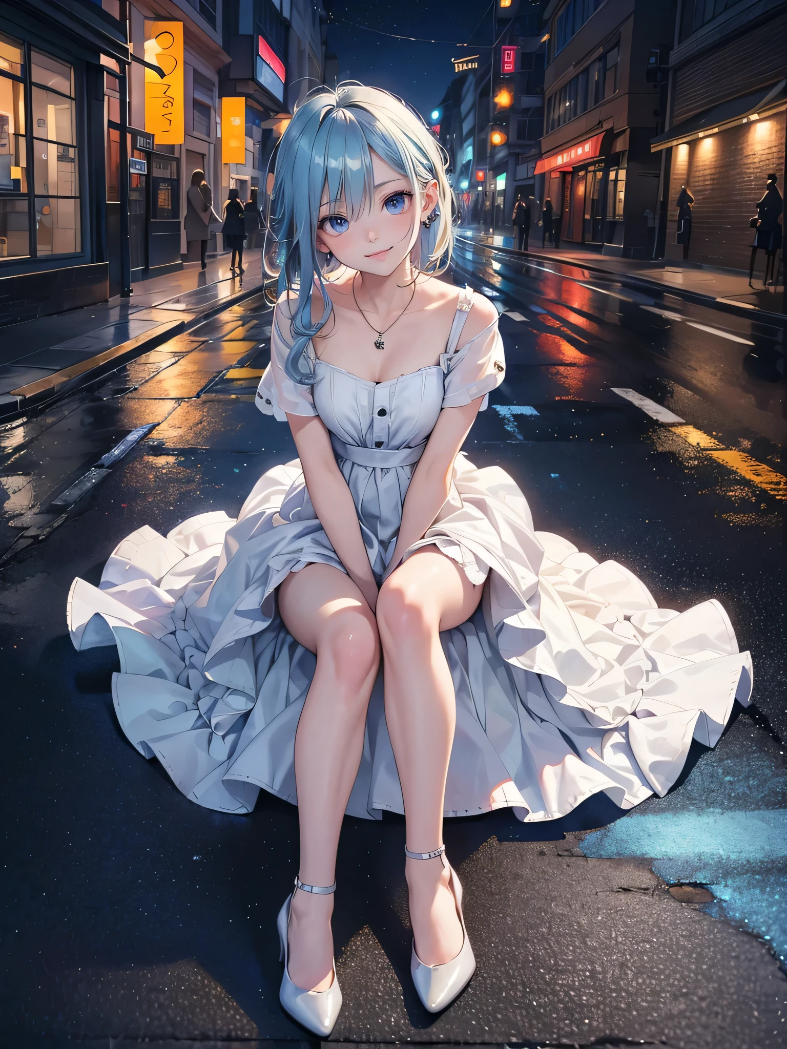 ((Biologically correct limb count)),(( From head to toe,Full-body photo including face)),4K,masterpiece,((Focus on the face)),((Symmetrical facial features)),Eyes with detailed description,Beautiful woman,Great style,Beautiful arms,Beautiful legs,Beautiful Hands,(Small Ass,Thin thighs),Detailed depiction of the face,Small earrings,necklace,(Will school uniform,dress((High heels))),((Outdoors at night, early morning)),(((blue blonde))),Realistic photo,Looking up,smile,((Sitting upright on the asphalt of the road,Panty shot)),Nobody is here