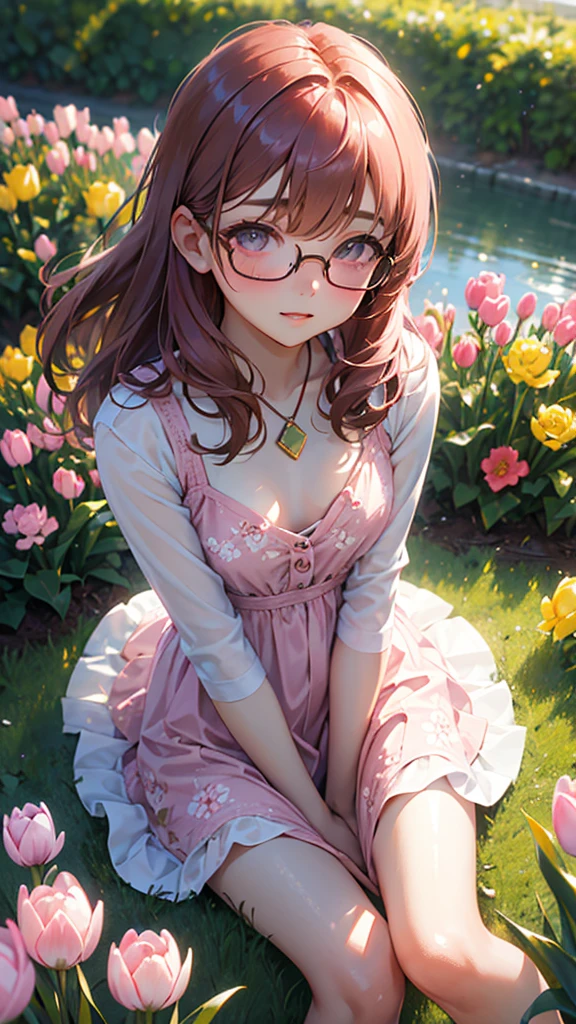 sitting, wariza, from above, spring clothes, light green floral print dress, pumps, Lots of colorful tulips, flower fields, warm atmosphere, rays of light from trees, backlit, profile
upper body, twinkle smile, 1girl, solo, 16years old, detailed beautiful face and eyes, brown eyes, (flat breasts:1.3), (very short hair:1.2), (bangs:1.2), (brown pink hair:1.2), hair fluttering, (well-proportioned body:1.2), (dynamic angle:1.3)
(masterpiece:1.2) , (best quality:1.2) , (ultra-detailed:1.2), more prism, vibrant color, ,hair over eyes, hair over one eye,a close up of image of girl with glasses and gold hair and long neck, 1girl, solo, long hair, tinted eyewear, round eyewear, sunglasses, jewelry, hair, bangs,Niji XL