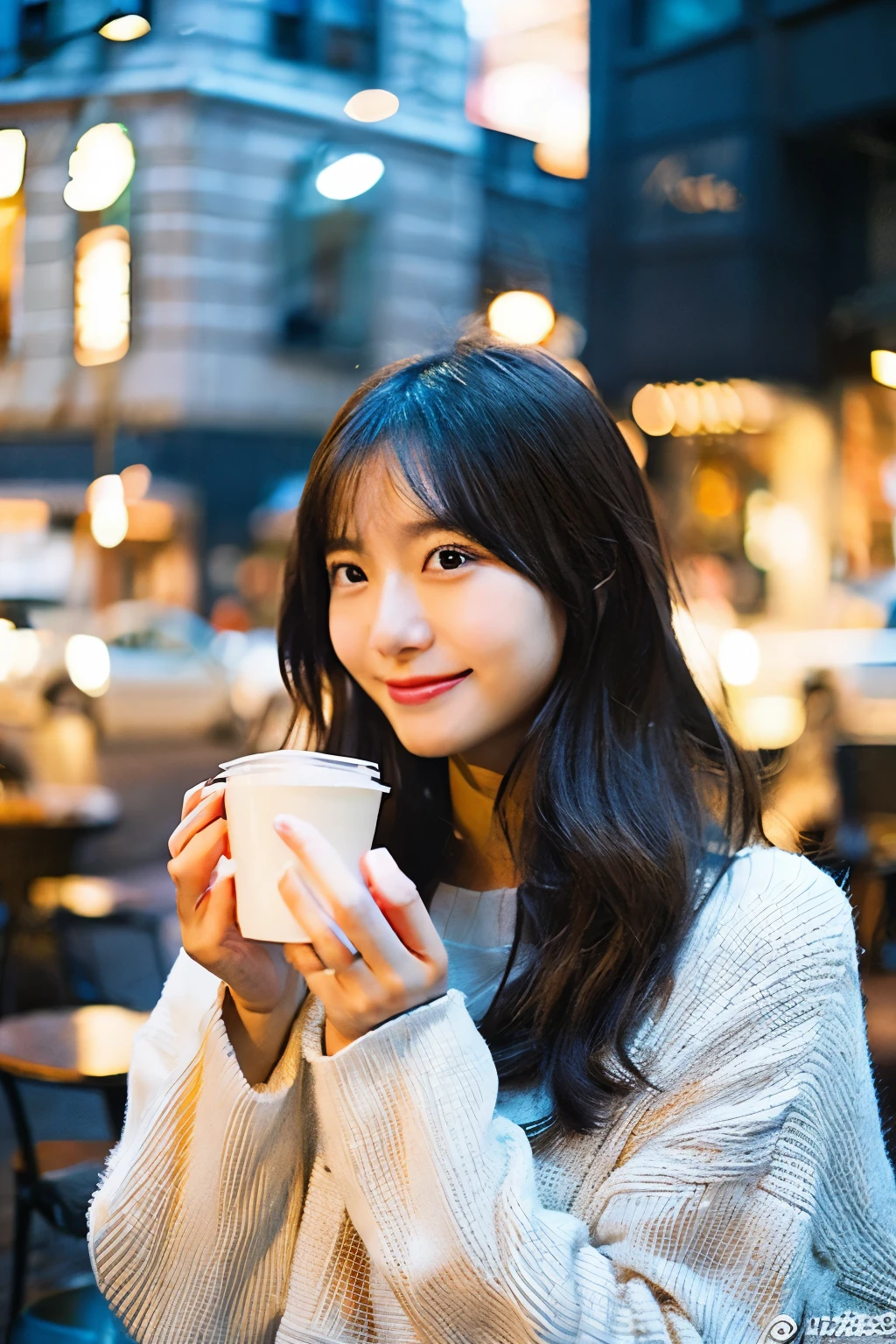 Japanese woman, mid-20s, gentle demeanor, warm and innocent smile, soft features, relaxed, alone at a cozy café, sipping coffee, playful pose, city street view, ambient lighting, candid, long flowing black hair, natural waves, minimal makeup, comfortable clothes, soft pastel colors, serene atmosphere, casual elegance, youthful charm, rosy cheeks, clear and dewy skin, glowing complexion, everyday life, authentic, Instagram lifestyle photo

