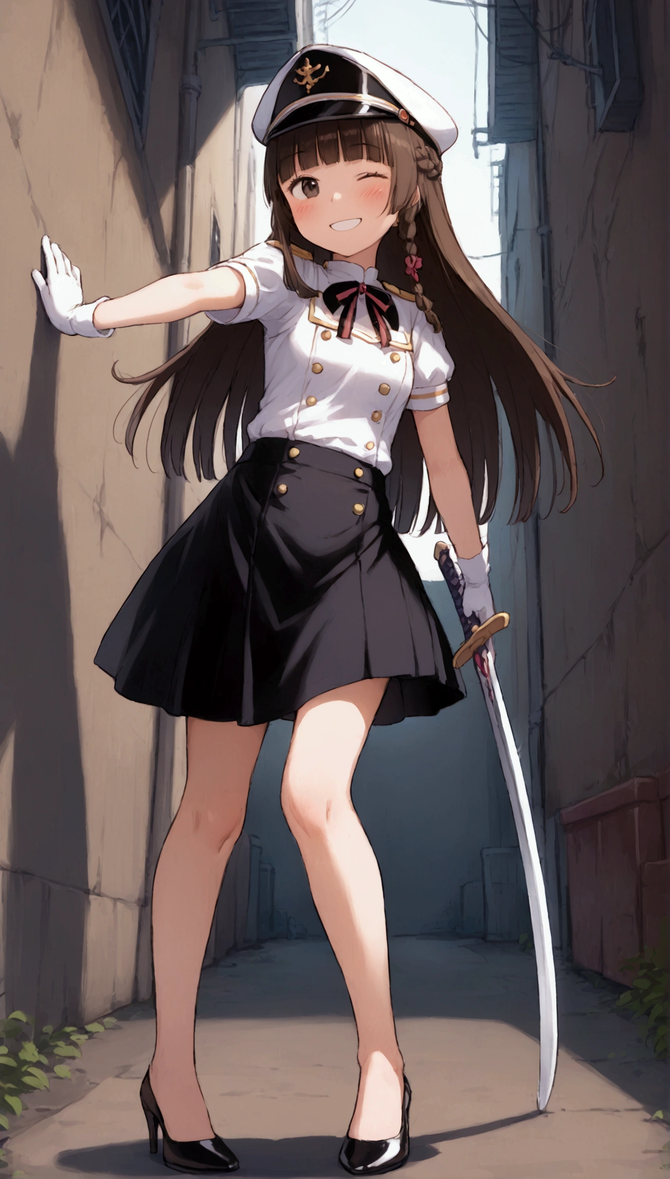 {Highest quality}, {Super beautiful},{Ultra fine},{Best illustration},Brown Hair,Hime cut,long hair,Braid,One woman,Standing Woman,Strike a pose,smile,smilingly,Smile,Wink,Uniform cap,White Shirt,Short sleeve,Long black skirt,White gloves,In the back alley,Blushing,Slender,Black stiletto heels,barefoot,From an angle,From below,Holding a sword,Draw your sword,Iai
