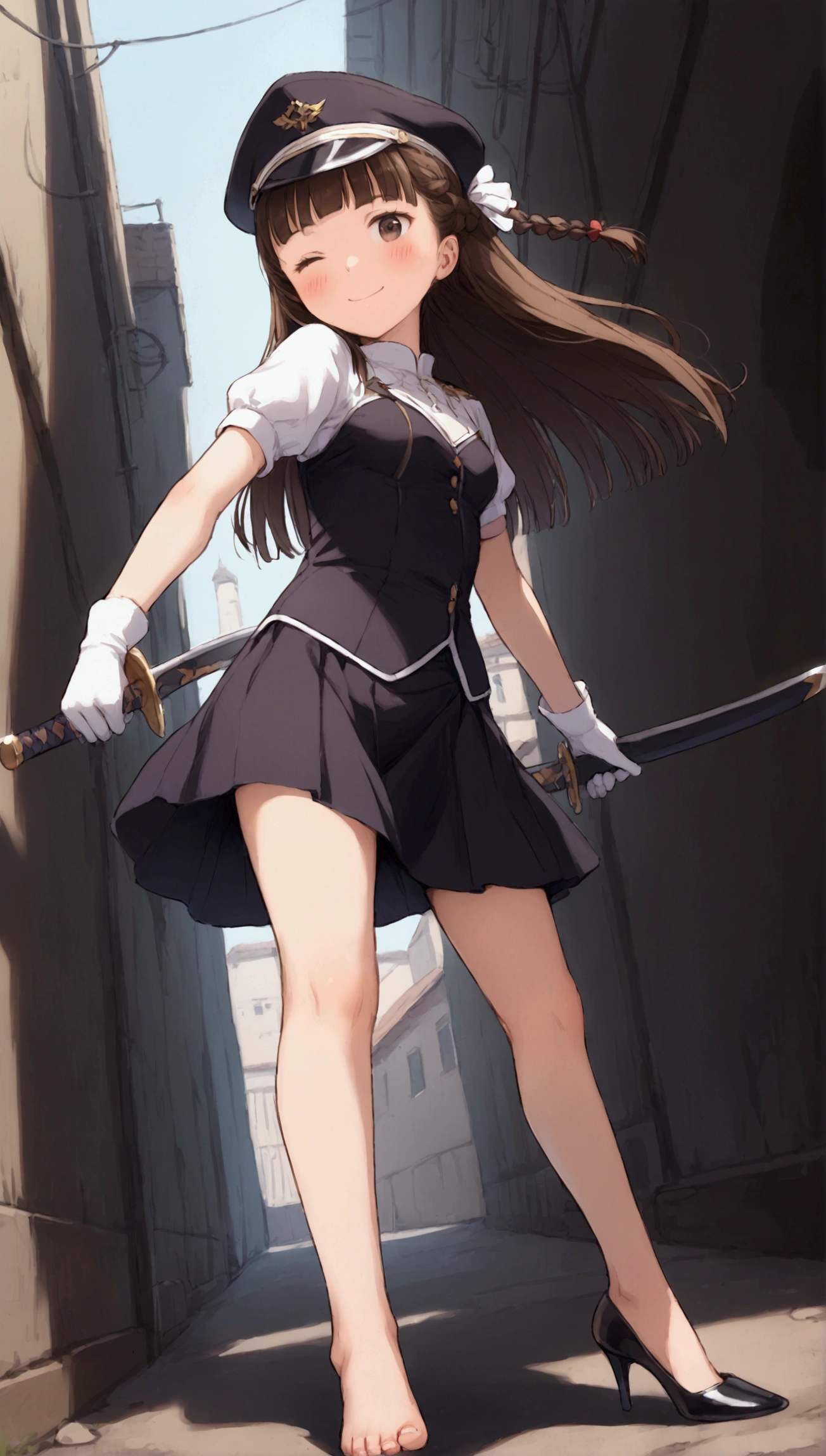 {Highest quality}, {Super beautiful},{Ultra fine},{Best illustration},Brown Hair,Hime cut,long hair,Braid,One woman,Standing Woman,Strike a pose,smile,smilingly,Smile,Wink,Uniform cap,White Shirt,Short sleeve,Long black skirt,White gloves,In the back alley,Blushing,Slender,Black stiletto heels,barefoot,From an angle,From below,Holding a sword,Draw your sword,Iai
