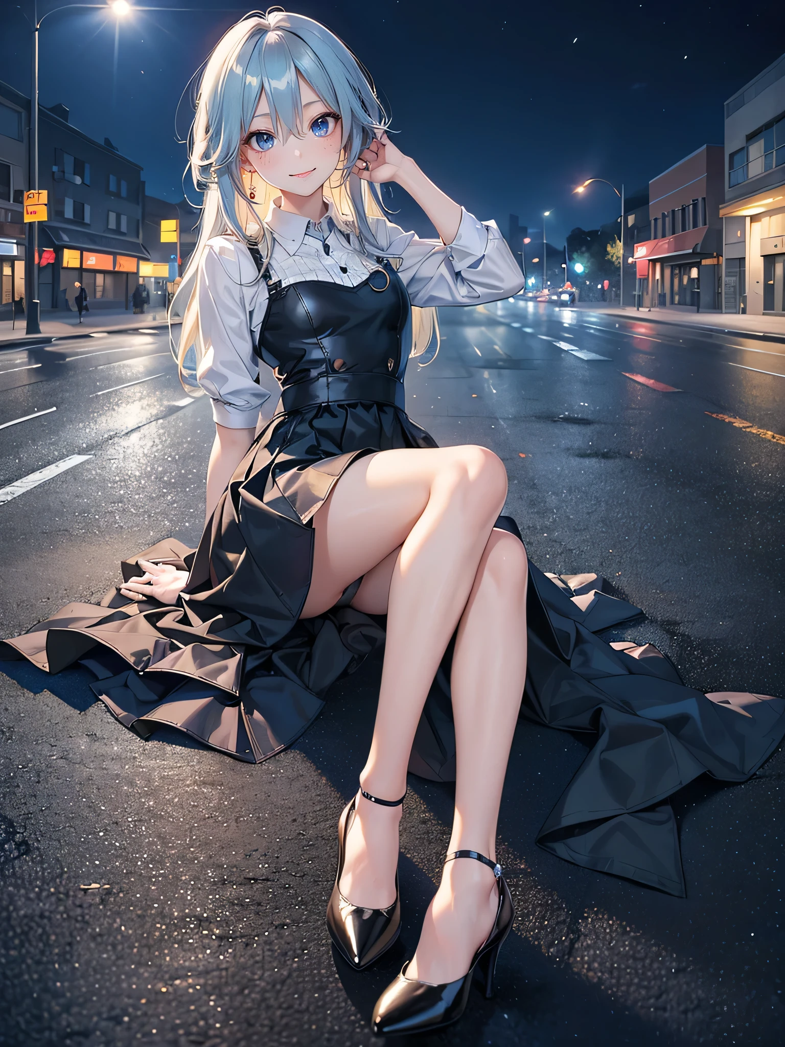 ((Biologically correct limb count)),(( From head to toe,Full-body photo including face)),4K,masterpiece,((Focus on the face)),((Symmetrical facial features)),Eyes with detailed description,Beautiful woman,Great style,Beautiful arms,Beautiful legs,Beautiful Hands,(Small Ass,Thin thighs),Detailed depiction of the face,Small earrings,necklace,(Will school uniform,dress((High heels))),((Outdoors at night, early morning)),(((blue blonde))),Realistic photo,Looking up,smile,((Sitting upright on the asphalt of the road,Panty shot)),Nobody is here