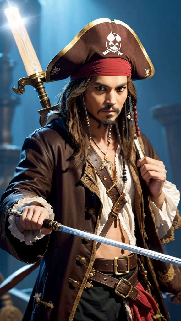 A handsome cat dressed as a pirate, like Jack Sparrow。Wearing a feathered pirate hat、A cat wearing a long coat、In one hand he holds a shining saber。The cat's fur is shiny and neat.、The green eyes are striking、He has a confident look on his face.。The background is the ocean and the deck of a pirate ship.、Dramatic lighting highlights the cat's features and the texture of his pirate outfit.。