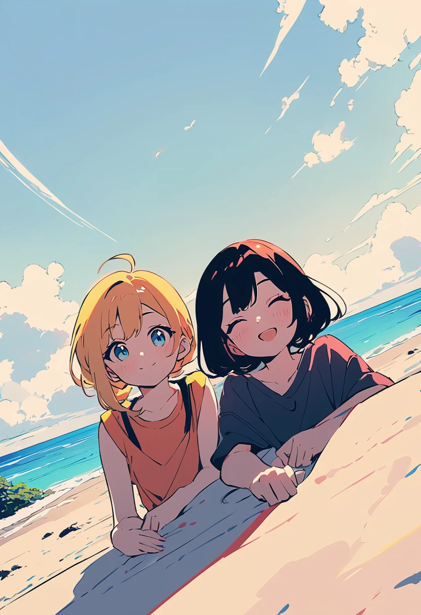 (masterpiece, best quality:1.1),
popart style,flat color,(two girls),cute face,tween,(enjoy trip),(beach,okinawa),Japan, beautiful detailed scenery, friendly,very happy,beautiful lighting,dynamic angle,depth of field,photographic portrait, sharp,