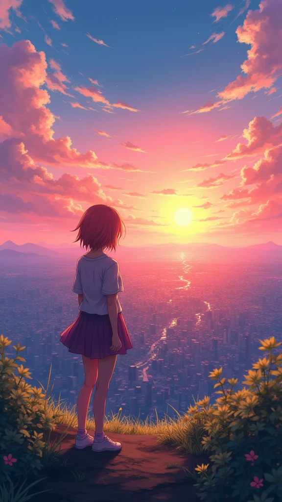 a girl with shot hair looking down a city from above a hill, beautirul scenery, colorful sky, makoto shinkai style