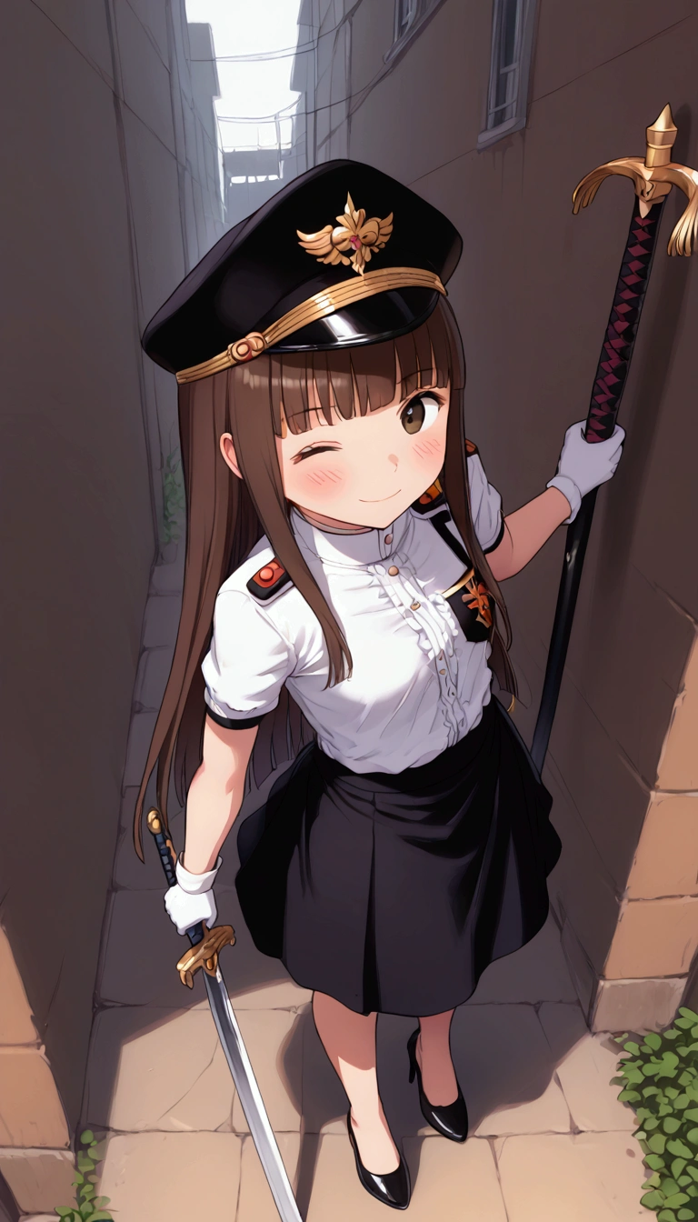 {Highest quality}, {Super beautiful},{Ultra fine},{Best illustration},Brown Hair,Hime cut,long hair,Braid,One woman,Standing Woman,Strike a pose,smile,smilingly,Smile,Wink,Uniform cap,White Shirt,Short sleeve,Long black skirt,White gloves,In the back alley,Blushing,Slender,Black stiletto heels,barefoot,From an angle,From above,Holding a sword,Draw your sword,Iai