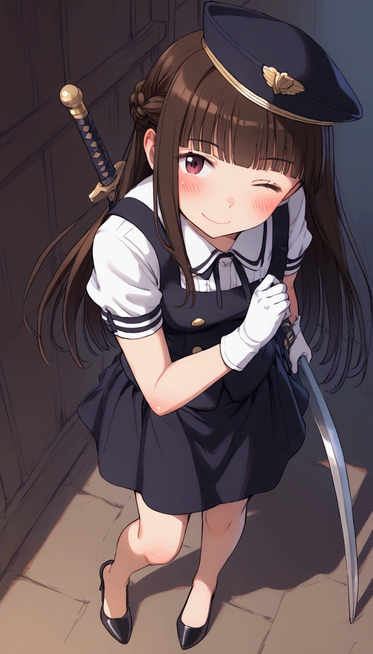 {Highest quality}, {Super beautiful},{Ultra fine},{Best illustration},Brown Hair,Hime cut,long hair,Braid,One woman,Standing Woman,Strike a pose,smile,smilingly,Smile,Wink,Uniform cap,White Shirt,Short sleeve,Long black skirt,White gloves,In the back alley,Blushing,Slender,Black stiletto heels,barefoot,From an angle,From above,Holding a sword,Draw your sword,Iai