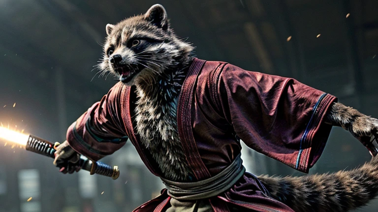 mcu, rocket raccoon, raccoon, male, skinny, buldge, detailed fur, red kimono, japan, prop poses exquisite katana long, gloomy light, Confident expression, action movie running pose, Close-up shot, film photography, realistic, masterpiece, best quality, ultra realistic, 8k