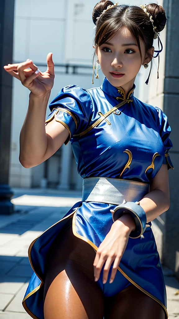 《Street Fight II》Chun-Li,Perfect Chun-Li Costume,Blue and gold thread cheongsam,Bun head,Good cover,Fighting Stance,High Kick,Kick、Lift your legs,masterpiece、1 beautiful girl、beautiful eyes、Puffy eyes、best quality, 超high resolution, (Reality: 1.4), light、Super beautiful、Beautiful skin、turn body forward、(Ultra-realistic)、(high resolution)、(8k)、(Very detailed)、(Beautiful eyes)、(Super detailed)、 (wall-)、Delicate face、Bright light、Professional lighting、Looking at the audience、Direct vision、Tilted stone sculpture, best quality, masterpiece, best quality, Perfect face, Perfect brown eyes and white sclera, Bad Move - 5, Solitary, 1 girl, Upper Body, brown hair, From SF2, Chinese service, Smile, muscular woman, Blue clothes, Pantyhose, Pelvic Curtain, Full short sleeves, Good cover, sash, Evaluate: