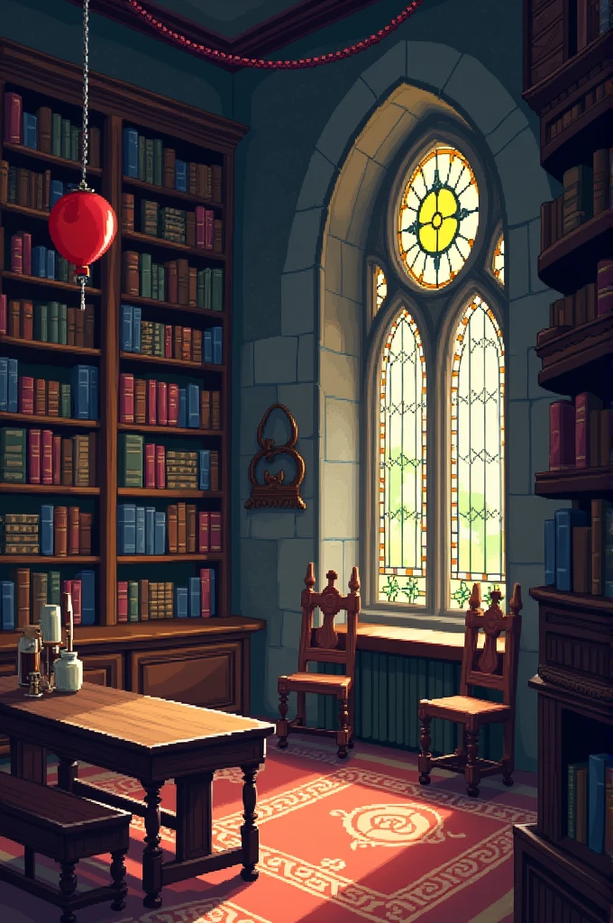 pixelart,medieval times,inside a library,tables and chairs,Bookcases,balloon,Magic Matrix,stained glass,parchment,Pencil