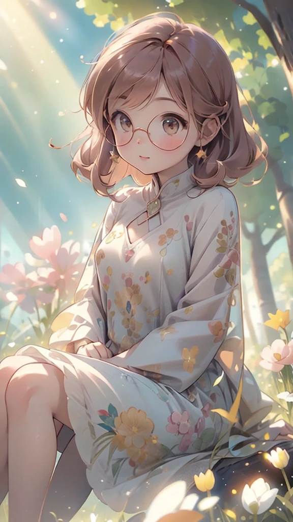 sitting, wariza, from above, spring clothes, light green floral print dress, pumps, Lots of colorful tulips, flower fields, warm atmosphere, rays of light from trees, backlit, profile
upper body, twinkle smile, 1girl, solo, 16years old, detailed beautiful face and eyes, brown eyes, (flat breasts:1.3), (very short hair:1.2), (bangs:1.2), (brown pink hair:1.2), hair fluttering, (well-proportioned body:1.2), (dynamic angle:1.3)
(masterpiece:1.2) , (best quality:1.2) , (ultra-detailed:1.2), more prism, vibrant color, ,hair over eyes, hair over one eye,a close up of image of girl with glasses and gold hair and long neck, 1girl, solo, long hair, tinted eyewear, round eyewear, sunglasses, jewelry, hair, bangs,Niji XL