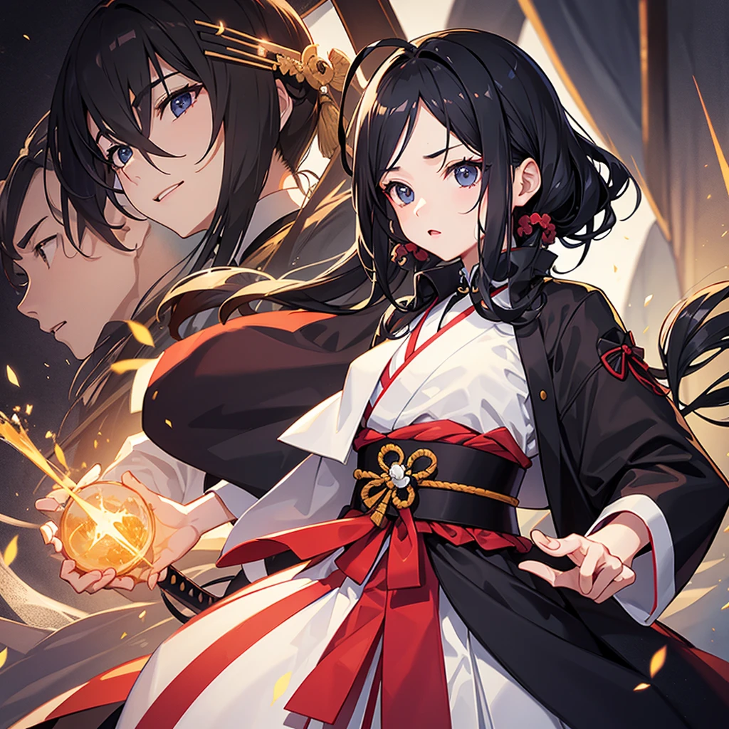 Center Parting、juvenile、Samurai's Son、High resolution, smile, Face up black hair, Purple Eyes、Round eyebrows