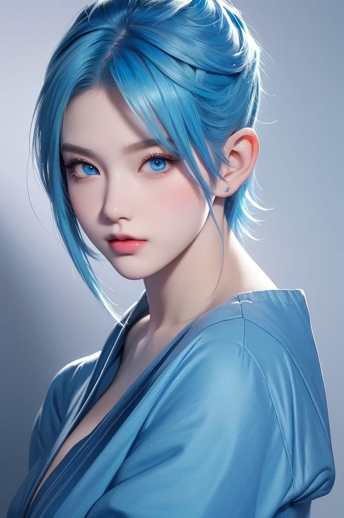artgerm colorful!!!, dark background, art wallpaper 4 k, realistic art wallpaper 8 k, RAW photo, extremely detailed artgerm, artgerm and rossdraws, artgerm on artstation pixiv, detailed digital art, blue hair, blue eyes, (Undercut Pixie hair:1.3),