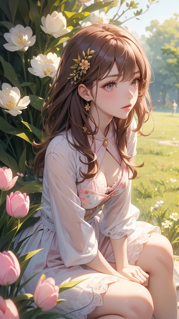 sitting, wariza, from above, spring clothes, light green floral print dress, pumps, Lots of colorful tulips, flower fields, warm atmosphere, rays of light from trees, backlit, profile
upper body, twinkle smile, 1girl, solo, ars old, detailed beautiful face and eyes, brown eyes, (flat breasts:1.3), (very short hair:1.2), (bangs:1.2), (brown pink hair:1.2), hair fluttering, (well-proportioned body:1.2), (dynamic angle:1.3)
(masterpiece:1.2) , (best quality:1.2) , (ultra-detailed:1.2), more prism, vibrant color, ,hair over eyes, hair over one eye,a close up of image of girl with glasses and gold hair and long neck, 1girl, solo, long hair, tinted eyewear, round eyewear, sunglasses, jewelry, hair, bangs,Niji XL