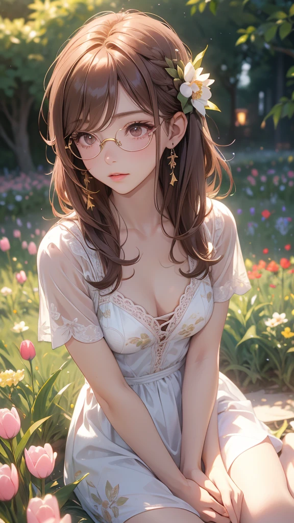 sitting, wariza, from above, spring clothes, light green floral print dress, pumps, Lots of colorful tulips, flower fields, warm atmosphere, rays of light from trees, backlit, profile
upper body, twinkle smile, 1girl, solo, 16years old, detailed beautiful face and eyes, brown eyes, (flat breasts:1.3), (very short hair:1.2), (bangs:1.2), (brown pink hair:1.2), hair fluttering, (well-proportioned body:1.2), (dynamic angle:1.3)
(masterpiece:1.2) , (best quality:1.2) , (ultra-detailed:1.2), more prism, vibrant color, ,hair over eyes, hair over one eye,a close up of image of girl with glasses and gold hair and long neck, 1girl, solo, long hair, tinted eyewear, round eyewear, sunglasses, jewelry, hair, bangs,Niji XL